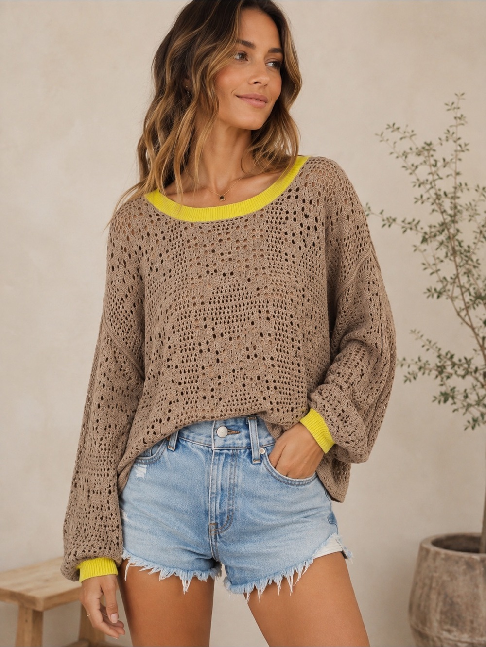 Free People S Crochet Open Knit Sweater Taupe Neon Yellow Boho Slouchy